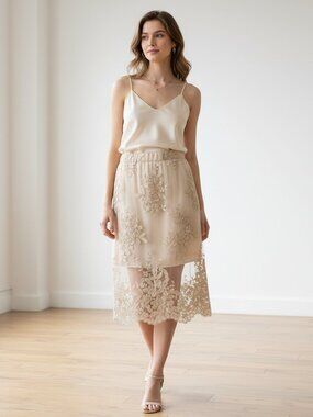 NEW Seek The Label S Women's Lace Gold Beige Overlay Pencil Skirt Cocktail Party